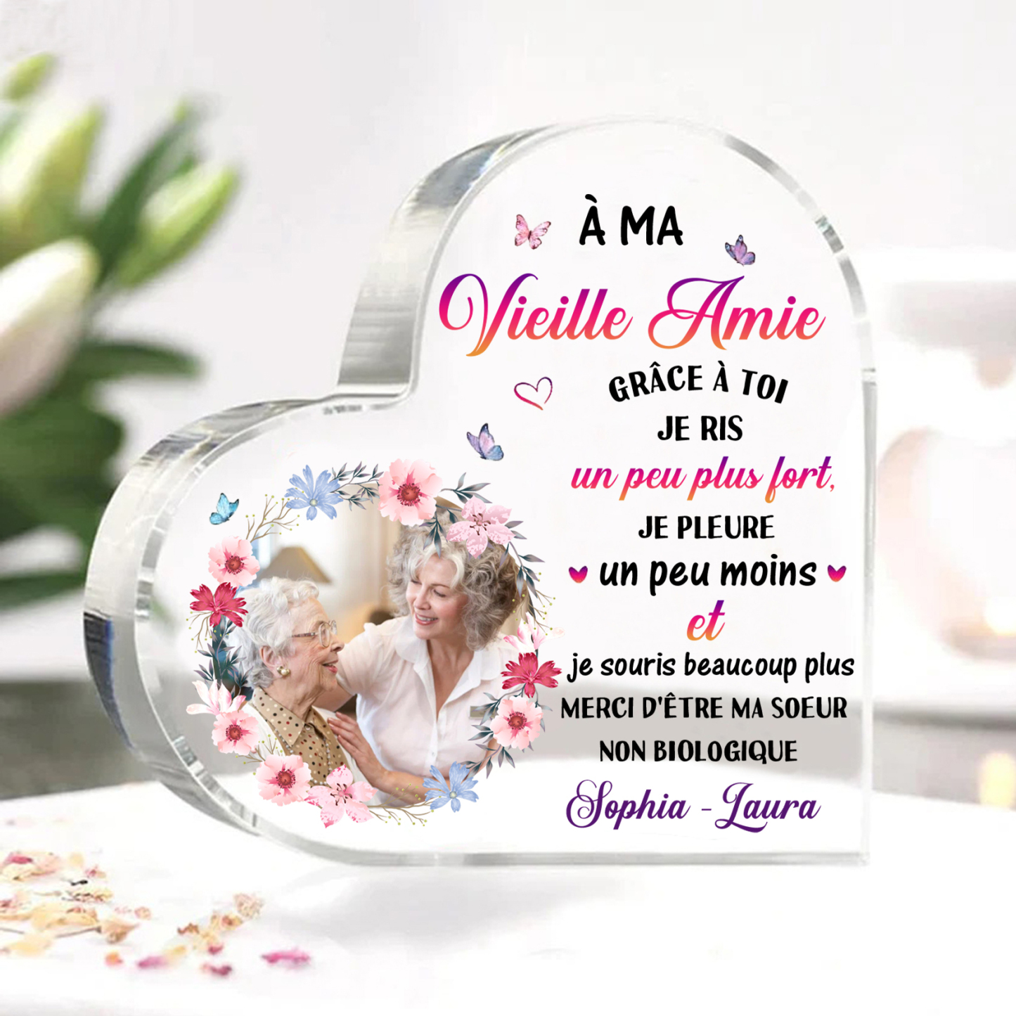 Plaque Acrylique Commémorative en Forme de Cœur 1 Texte Personnalisé avec Photo Cadeau pour amie | Jessemade