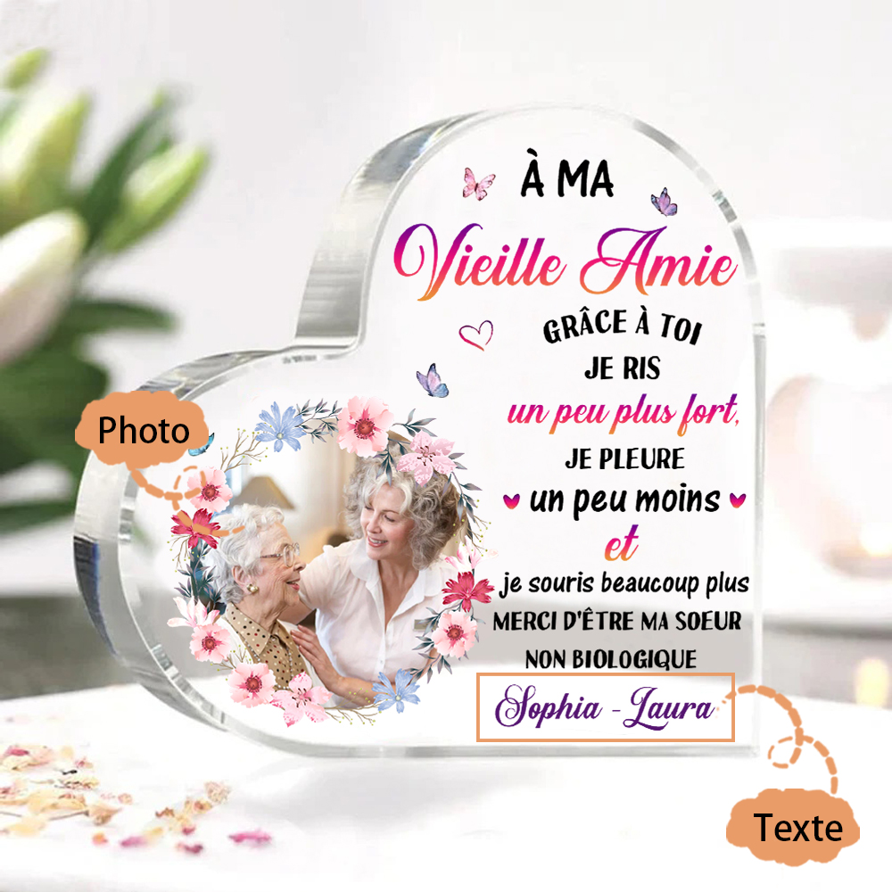 Plaque Acrylique Commémorative en Forme de Cœur 1 Texte Personnalisé avec Photo Cadeau pour amie | Jessemade