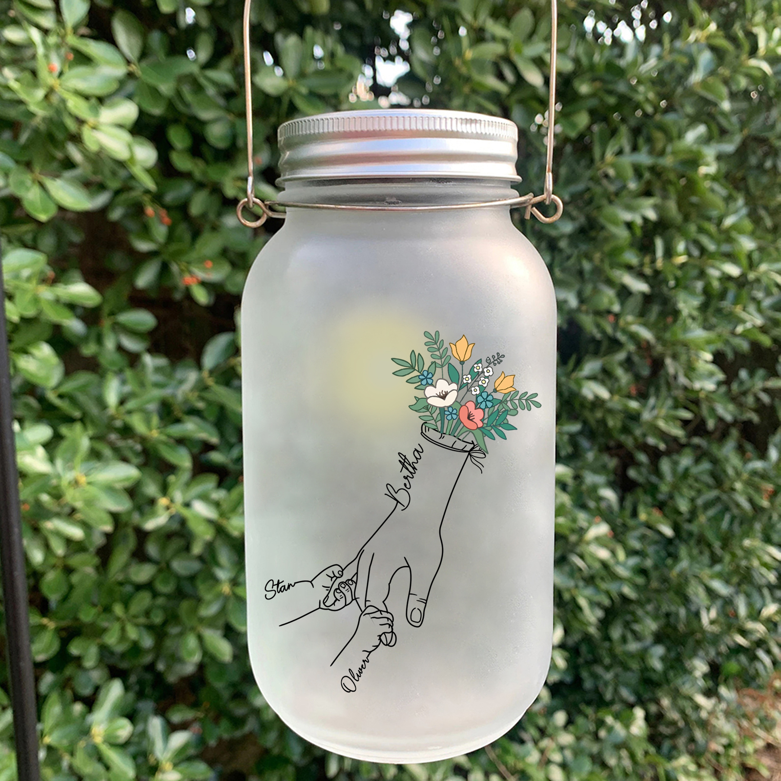 Bouteille lumineuse Ornements la main dans la main et fleurs 3 prénoms personnalisés Noël | Jessemade