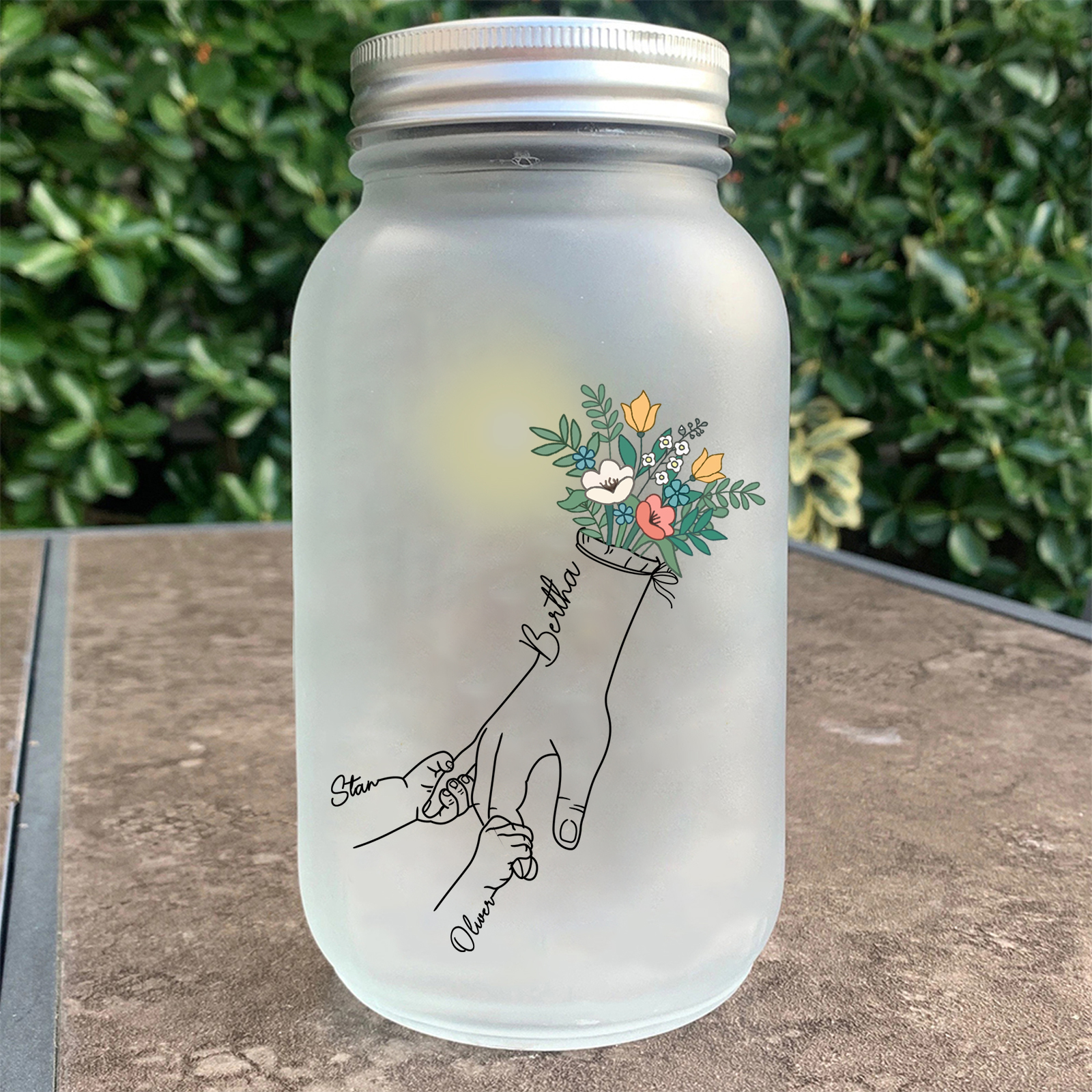 Bouteille lumineuse Ornements la main dans la main et fleurs 3 prénoms personnalisés Noël | Jessemade