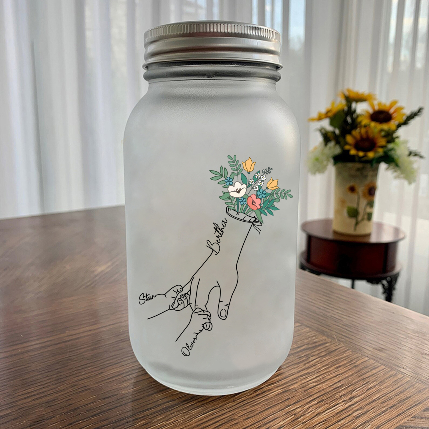 Bouteille lumineuse Ornements la main dans la main et fleurs 3 prénoms personnalisés Noël | Jessemade