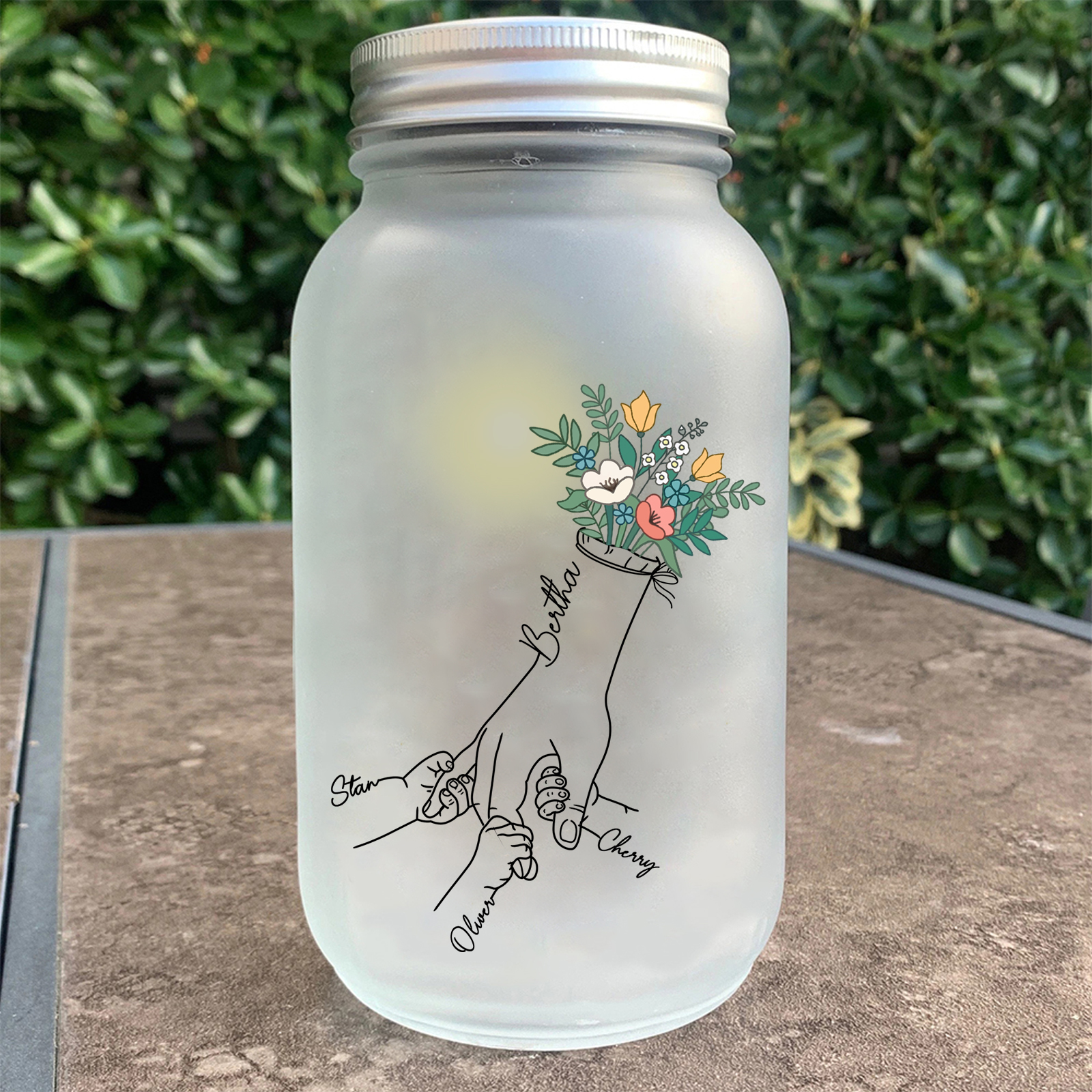 Bouteille lumineuse Ornements la main dans la main et fleurs 4 prénoms personnalisés Noël | Jessemade