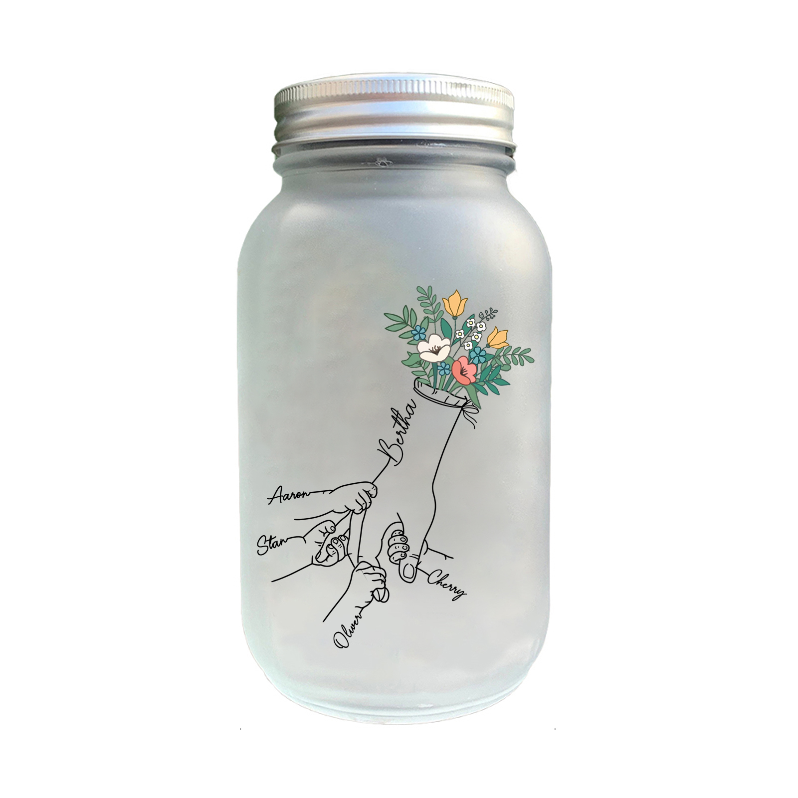 Bouteille lumineuse Ornements la main dans la main et fleurs 5 prénoms personnalisés Noël | Jessemade