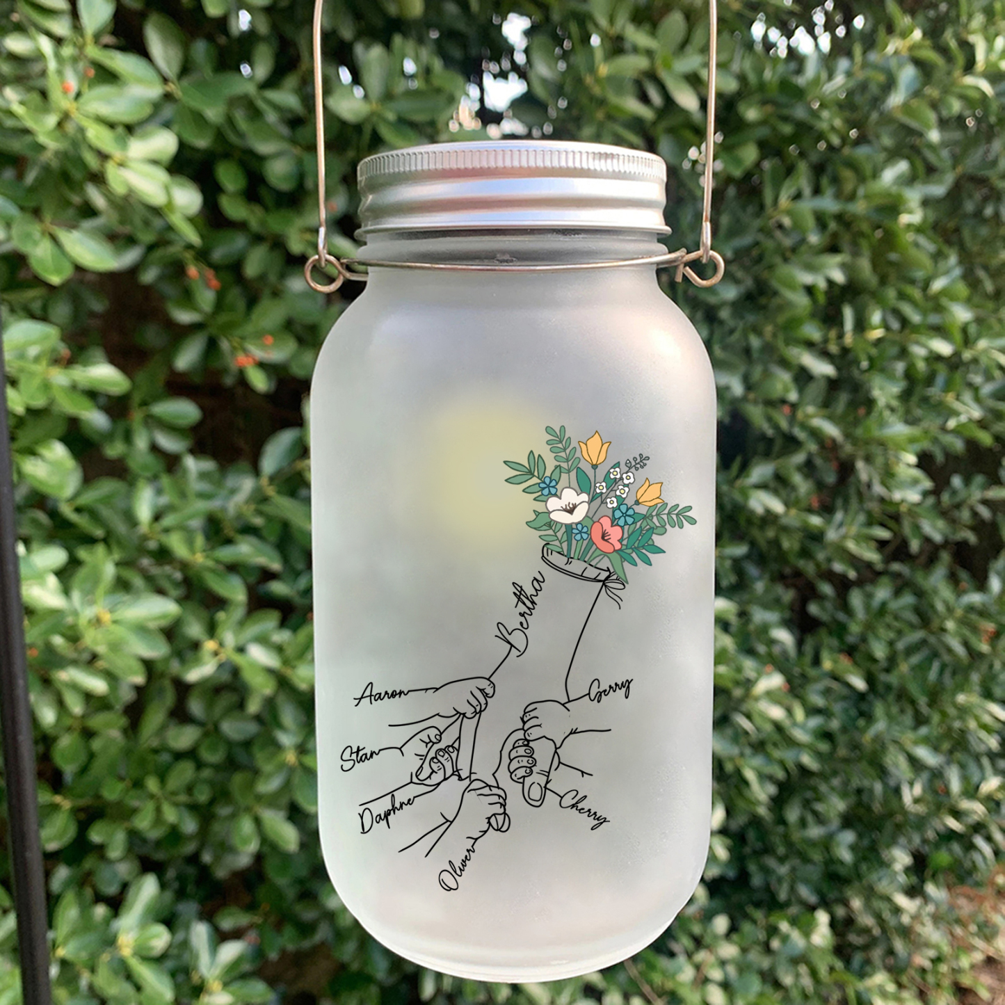 Bouteille lumineuse Ornements la main dans la main et fleurs 7 prénoms personnalisés Noël | Jessemade