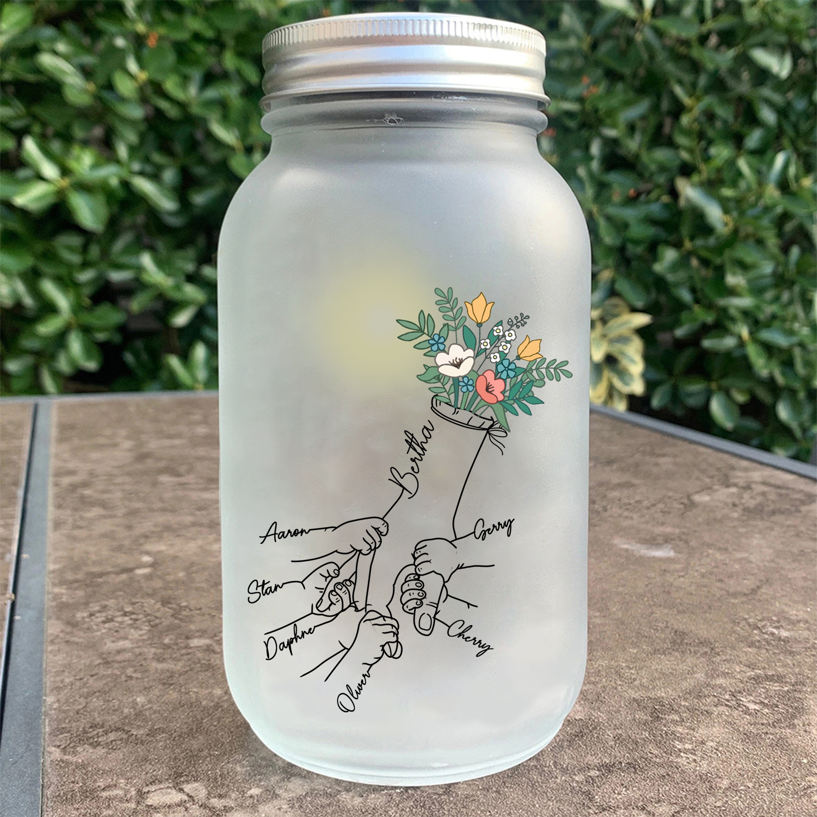 Bouteille lumineuse Ornements la main dans la main et fleurs 7 prénoms personnalisés Noël | Jessemade