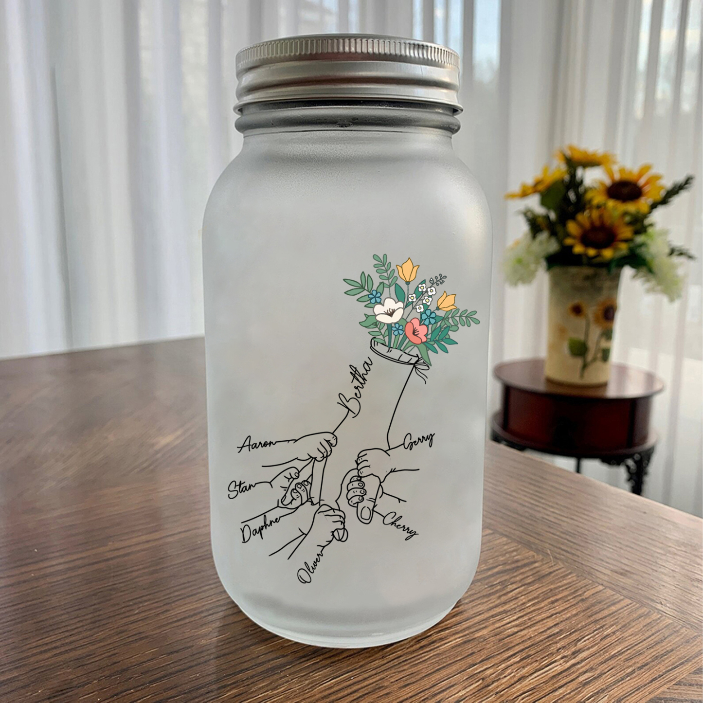 Bouteille lumineuse Ornements la main dans la main et fleurs 7 prénoms personnalisés Noël | Jessemade