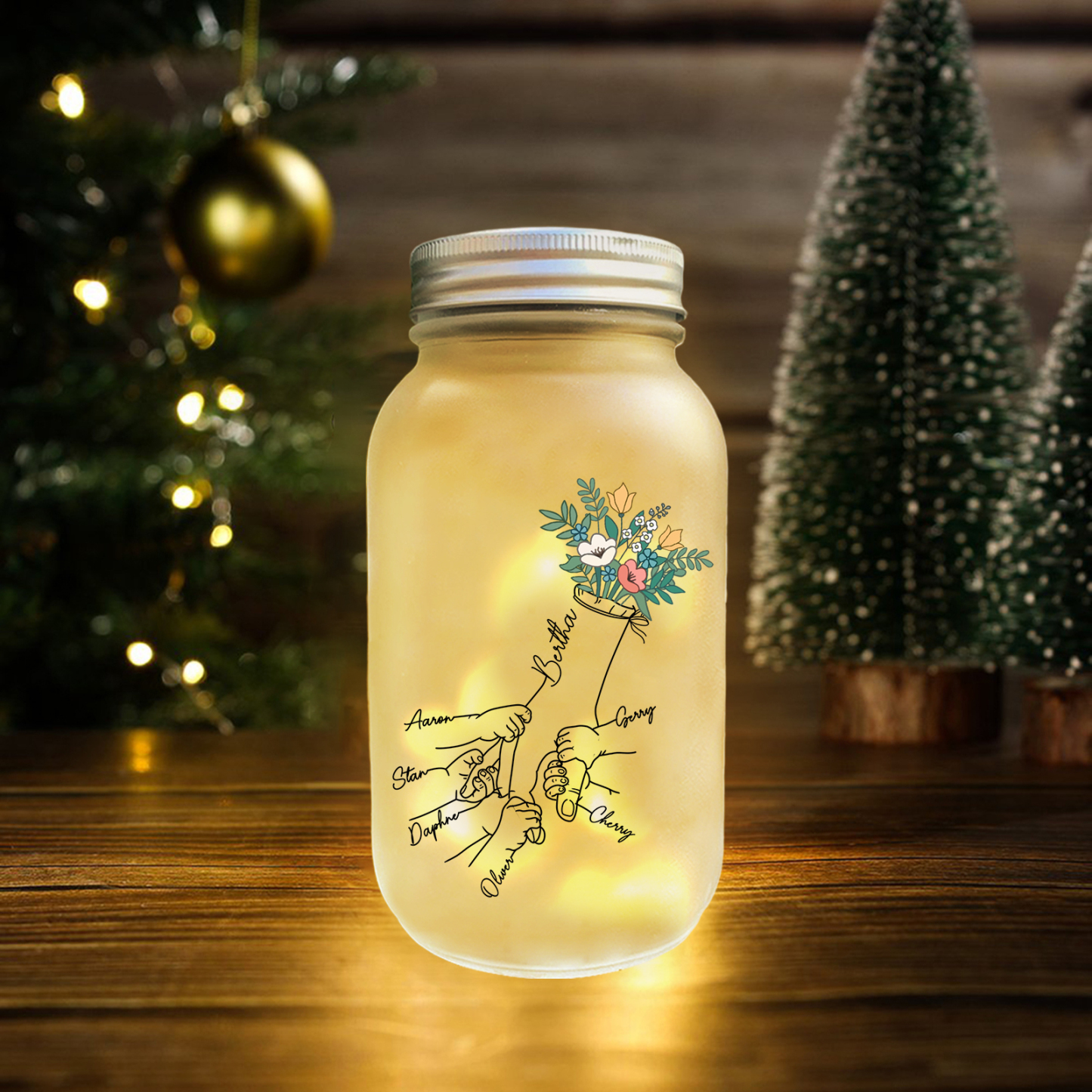 Bouteille lumineuse Ornements la main dans la main et fleurs 7 prénoms