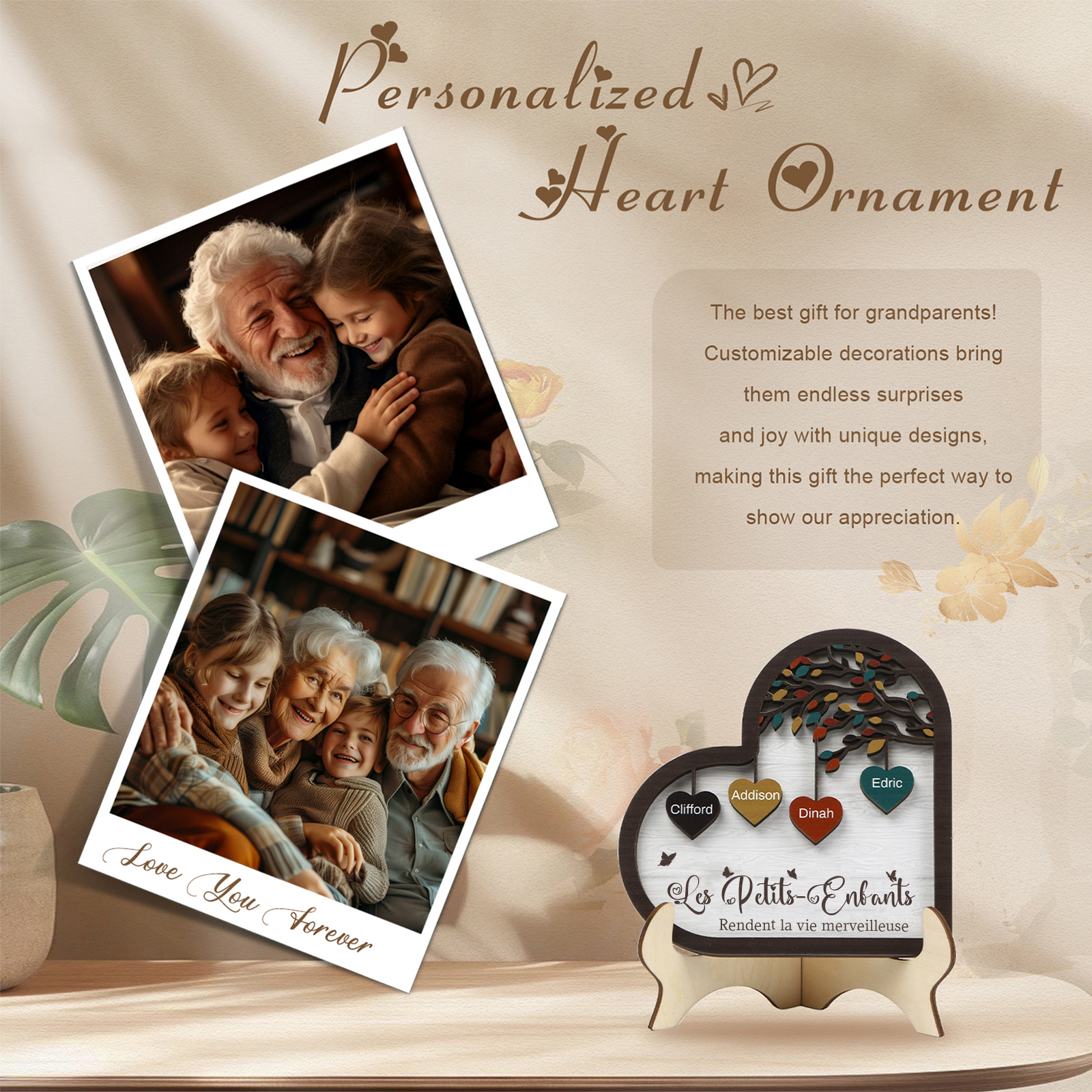 À Mamie Décoration en bois l'arbre des cœurs 4 Prénoms Personnalisés Ornement Famille Cadeau pour mamie | Jessemade