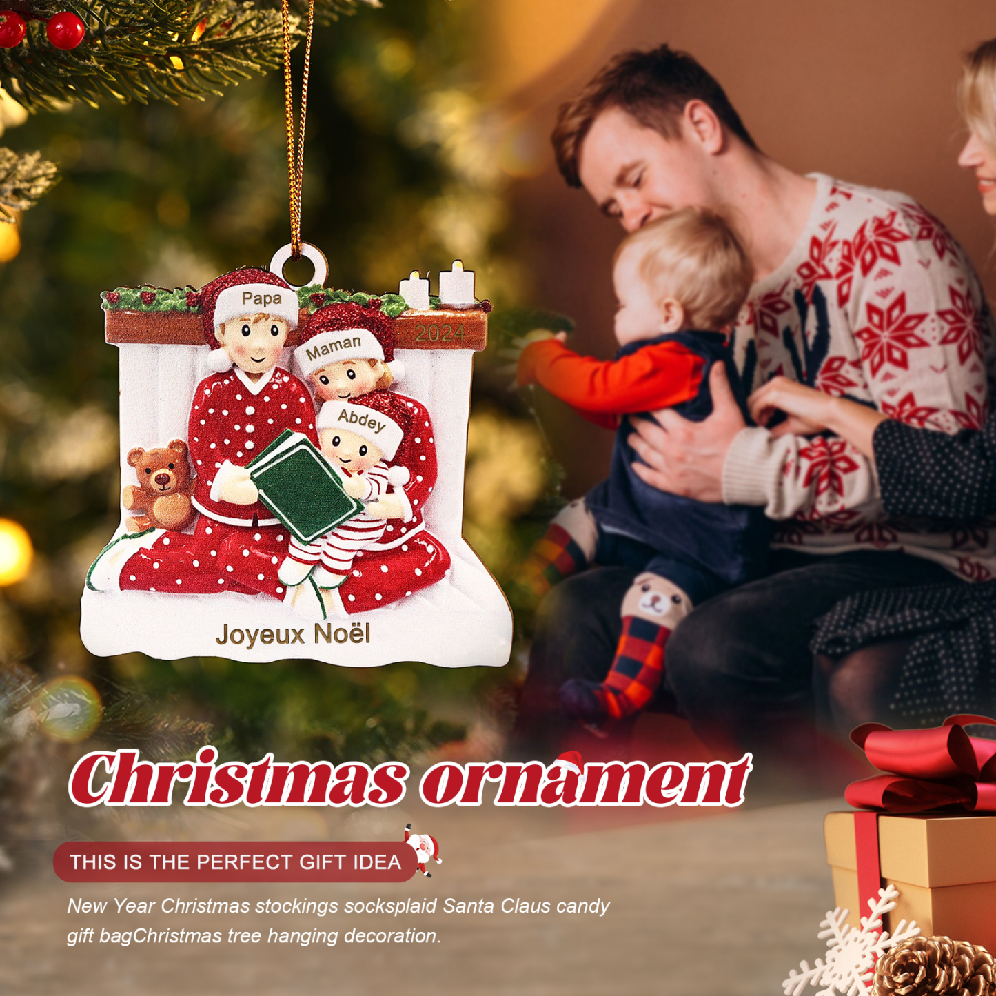 Décoration Sapin Noël en bois la famille en pyjama 3 Prénoms Personnalisés avec Texte et années Cadeau pour Famille | Jessemade