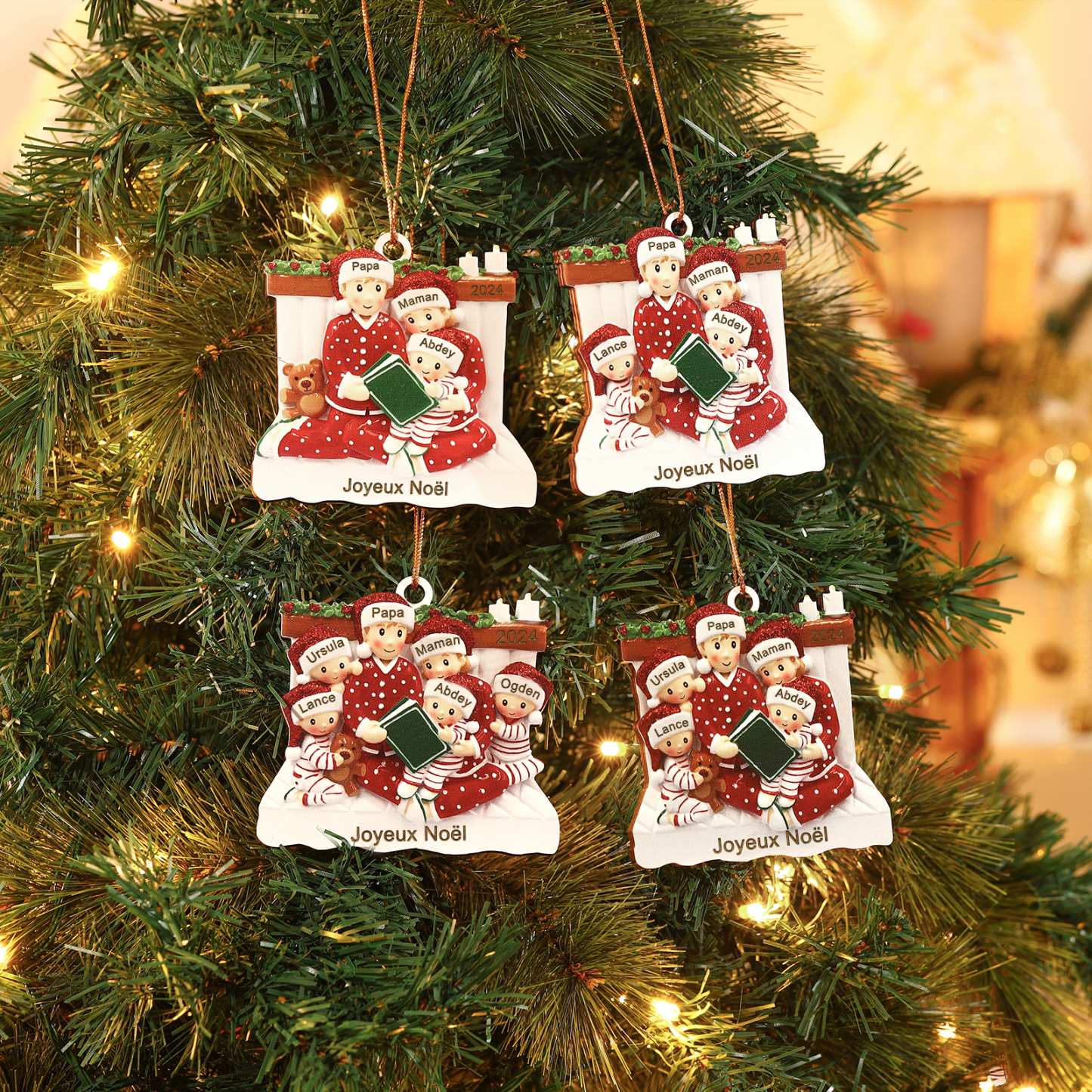 Décoration Sapin Noël en bois la famille en pyjama 4 Prénoms Personnalisés avec Texte et années Cadeau pour Famille | Jessemade