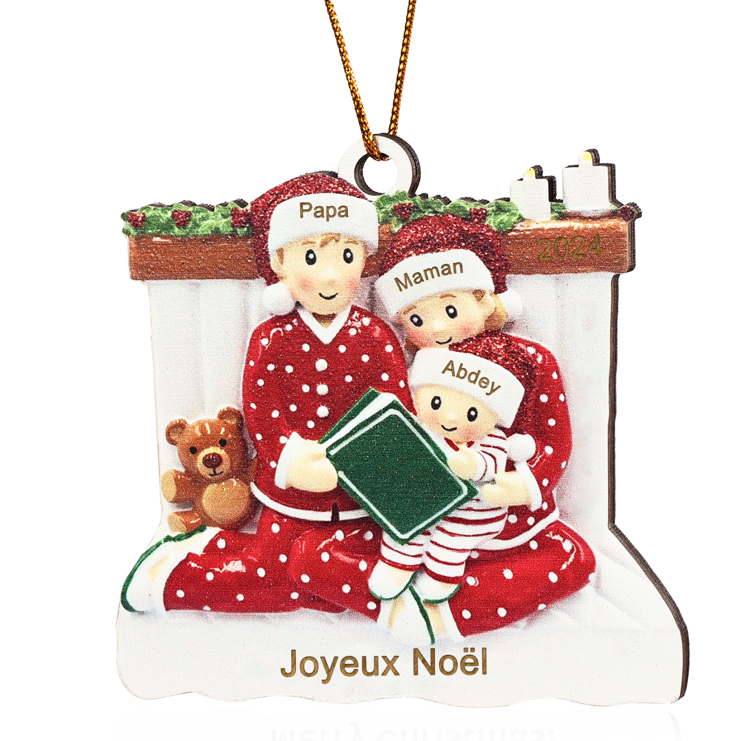 Décoration Sapin Noël en bois la famille en pyjama 3 Prénoms Personnalisés avec Texte et années Cadeau pour Famille | Jessemade