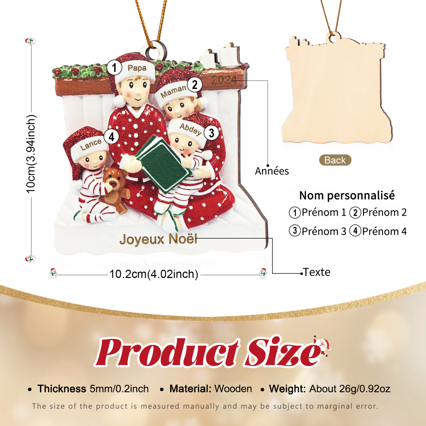 Décoration Sapin Noël en bois la famille en pyjama 4 Prénoms Personnalisés avec Texte et années Cadeau pour Famille | Jessemade