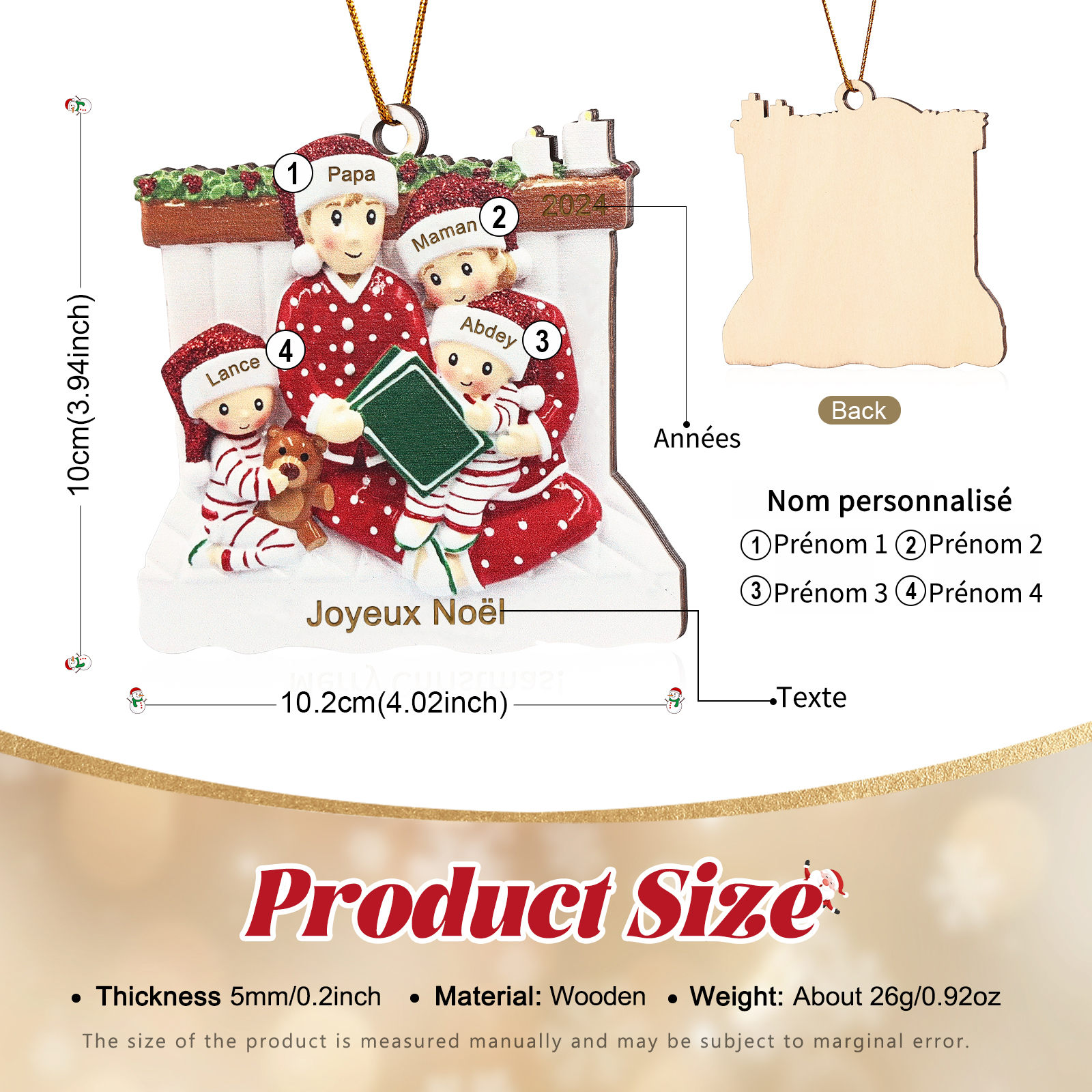 Décoration Sapin Noël en bois la famille en pyjama 4 Prénoms Personnalisés avec Texte et années Cadeau pour Famille | Jessemade