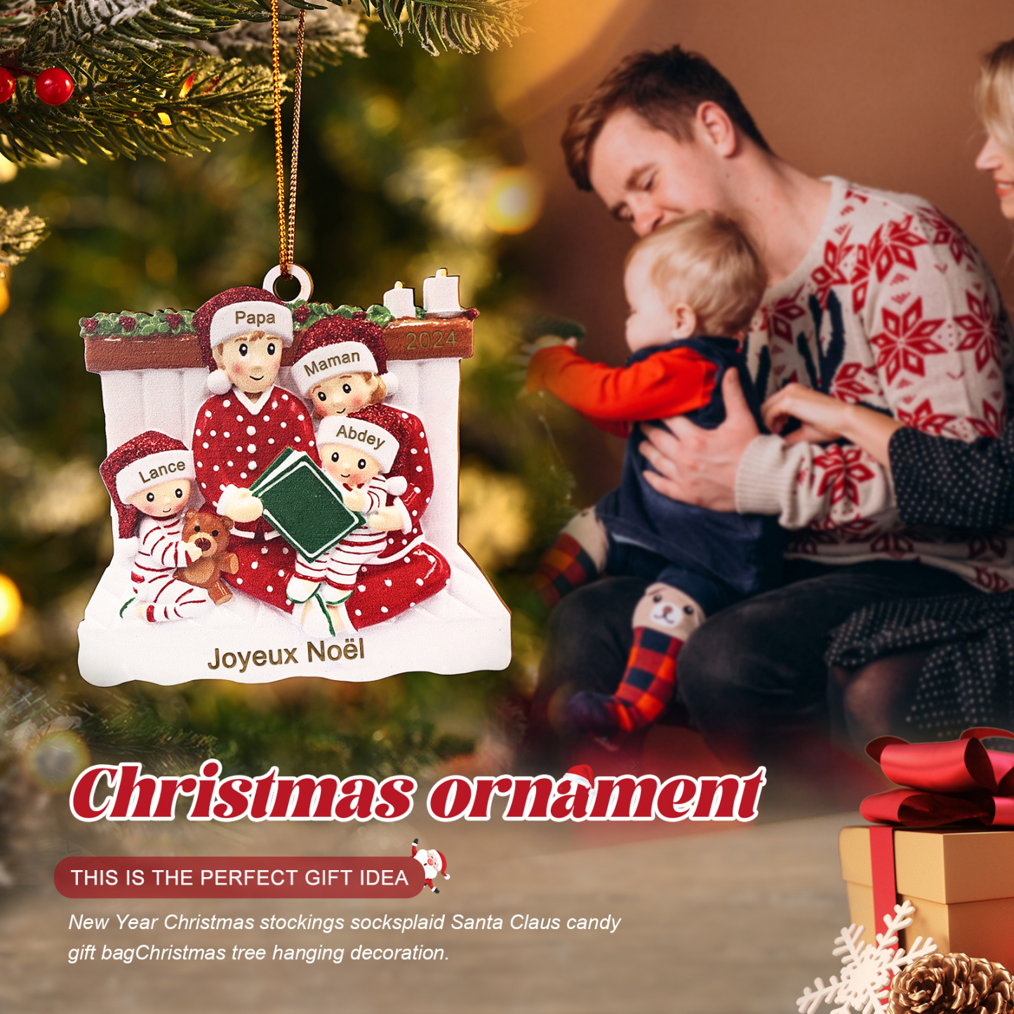 Décoration Sapin Noël en bois la famille en pyjama 4 Prénoms Personnalisés avec Texte et années Cadeau pour Famille | Jessemade