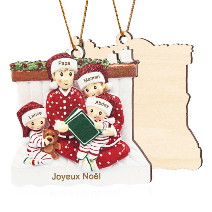 Décoration Sapin Noël en bois la famille en pyjama 4 Prénoms Personnalisés avec Texte et années Cadeau pour Famille | Jessemade