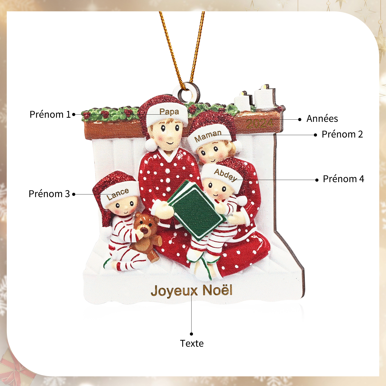 Décoration Sapin Noël en bois la famille en pyjama 4 Prénoms Personnalisés avec Texte et années Cadeau pour Famille | Jessemade