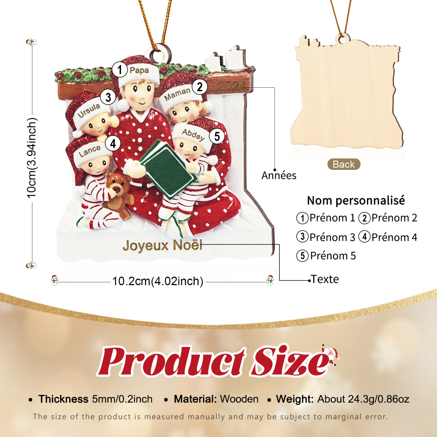 Décoration Sapin Noël en bois la famille en pyjama 5 Prénoms Personnalisés avec Texte et années Cadeau pour Famille | Jessemade