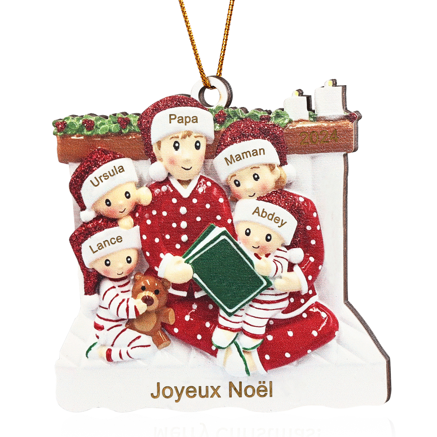 Décoration Sapin Noël en bois la famille en pyjama 5 Prénoms Personnalisés avec Texte et années Cadeau pour Famille | Jessemade