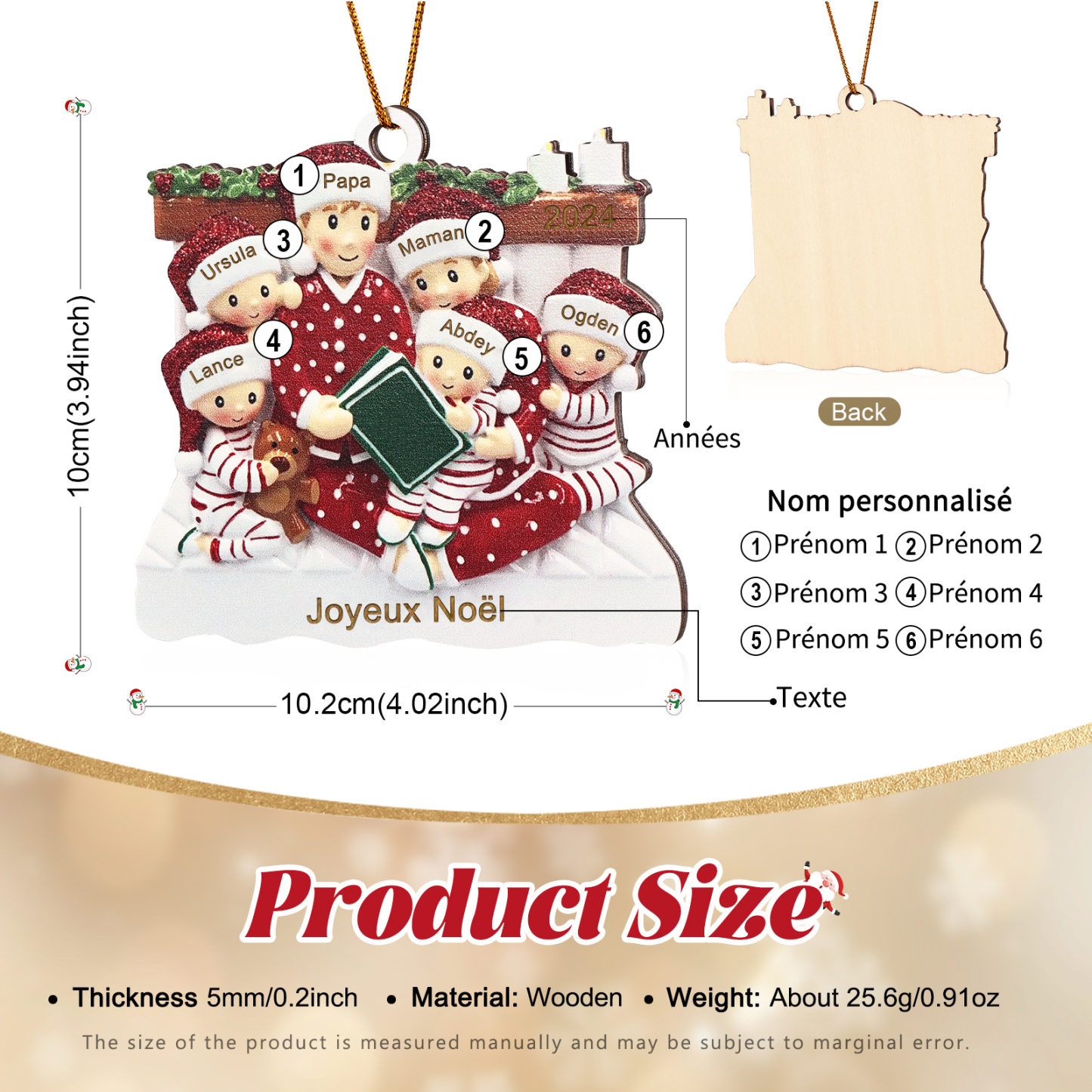 Décoration Sapin Noël en bois la famille en pyjama 6 Prénoms Personnalisés avec Texte et années Cadeau pour Famille | Jessemade