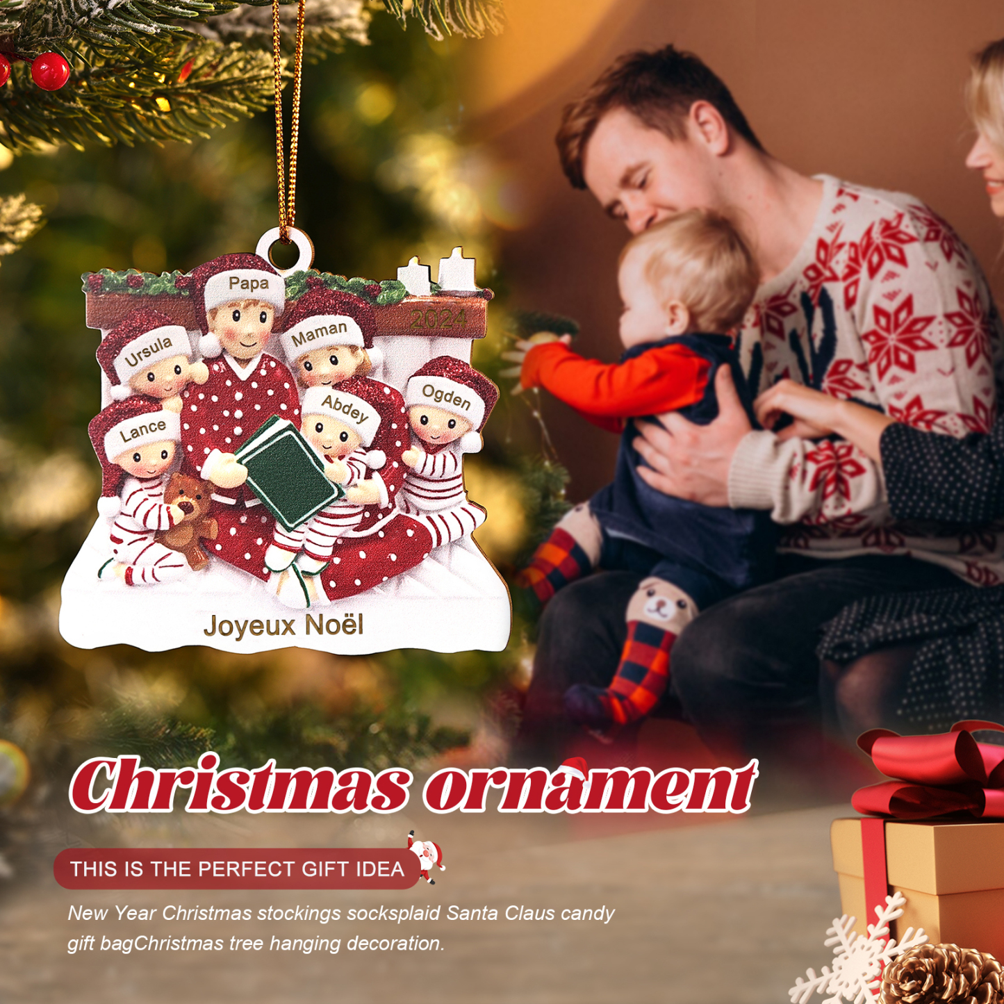 Décoration Sapin Noël en bois la famille en pyjama 6 Prénoms Personnalisés avec Texte et années Cadeau pour Famille | Jessemade