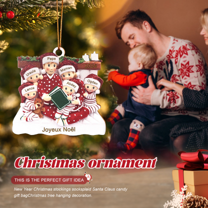 Décoration Sapin Noël en bois la famille en pyjama 6 Prénoms Personnalisés avec Texte et années Cadeau pour Famille | Jessemade