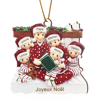 Décoration Sapin Noël en bois la famille en pyjama 6 Prénoms Personnalisés avec Texte et années Cadeau pour Famille | Jessemade