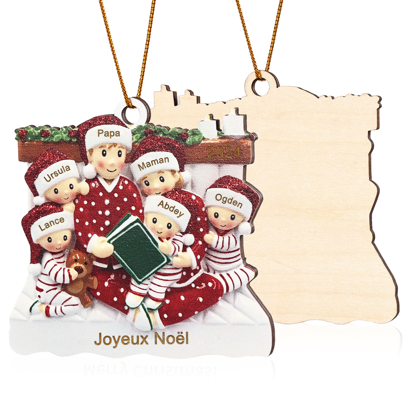 Décoration Sapin Noël en bois la famille en pyjama 6 Prénoms Personnalisés avec Texte et années Cadeau pour Famille | Jessemade