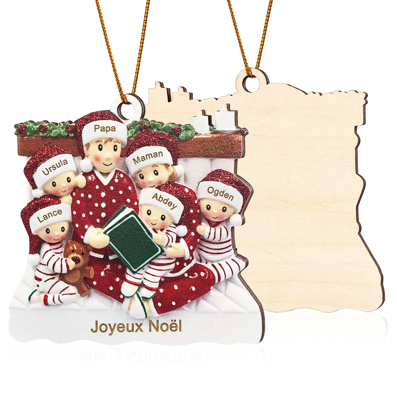 Décoration Sapin Noël en bois la famille en pyjama 6 Prénoms Personnalisés avec Texte et années Cadeau pour Famille | Jessemade