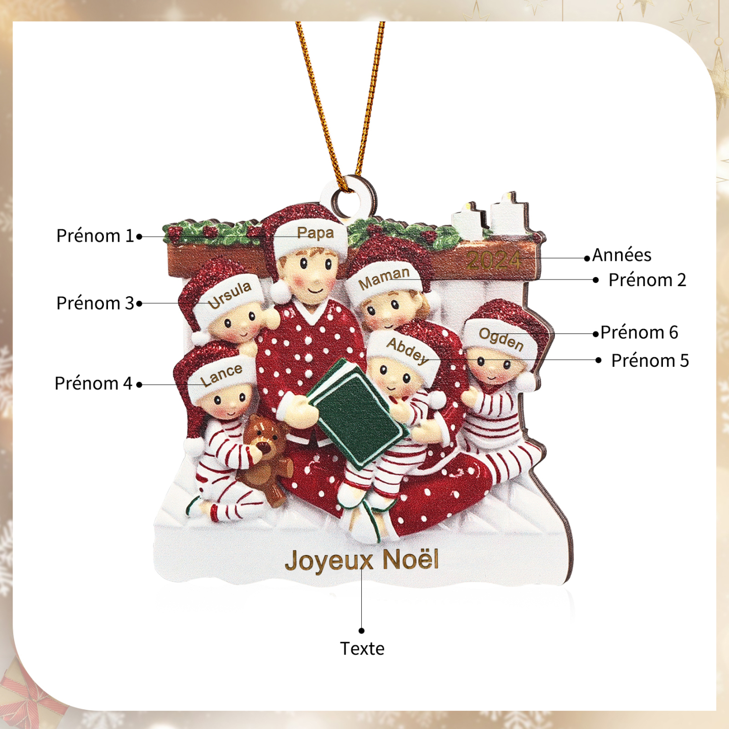 Décoration Sapin Noël en bois la famille en pyjama 6 Prénoms Personnalisés avec Texte et années Cadeau pour Famille | Jessemade