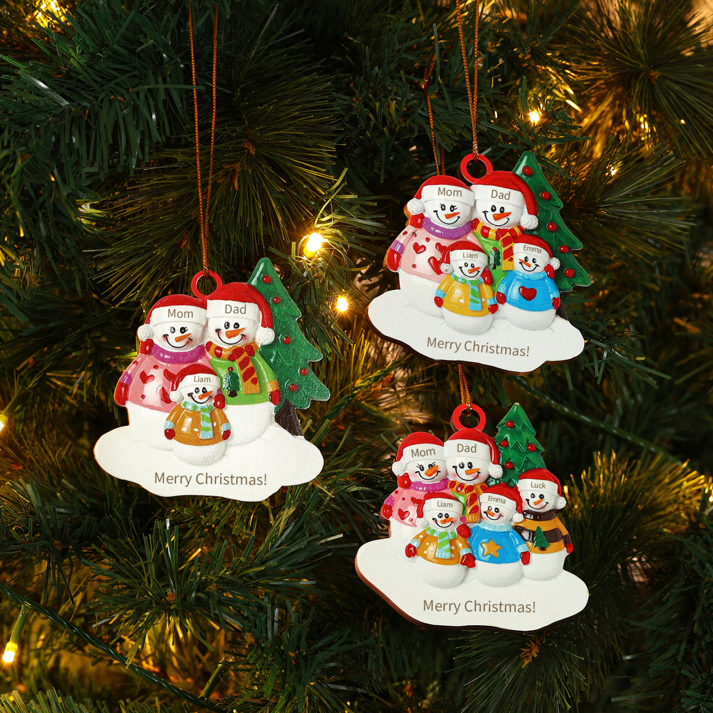 Décoration Sapin Noël Bonhomme de neige 4 Prénoms Personnalisés avec Texte Ornement en Bois pour Famille | Jessemade