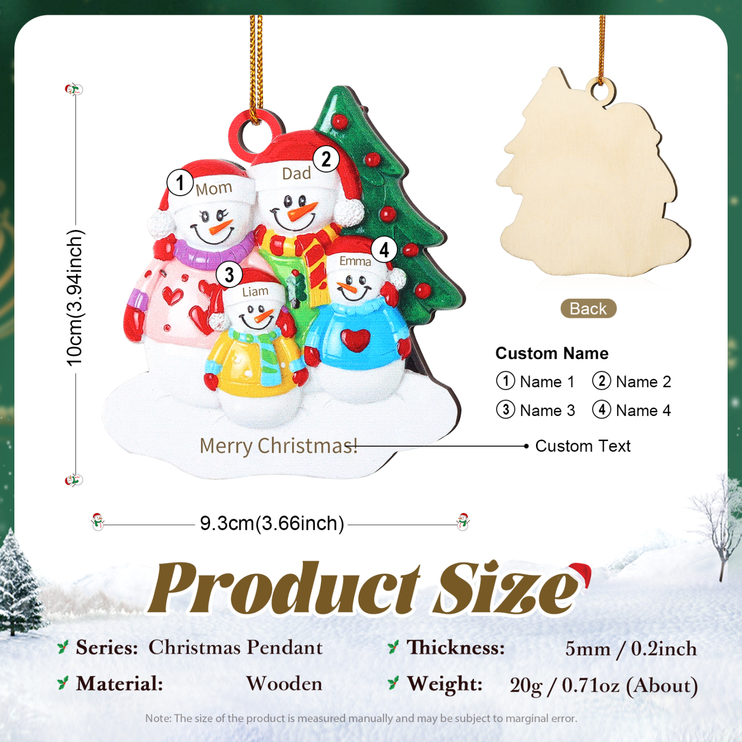 Décoration Sapin Noël Bonhomme de neige 4 Prénoms Personnalisés avec Texte Ornement en Bois pour Famille | Jessemade