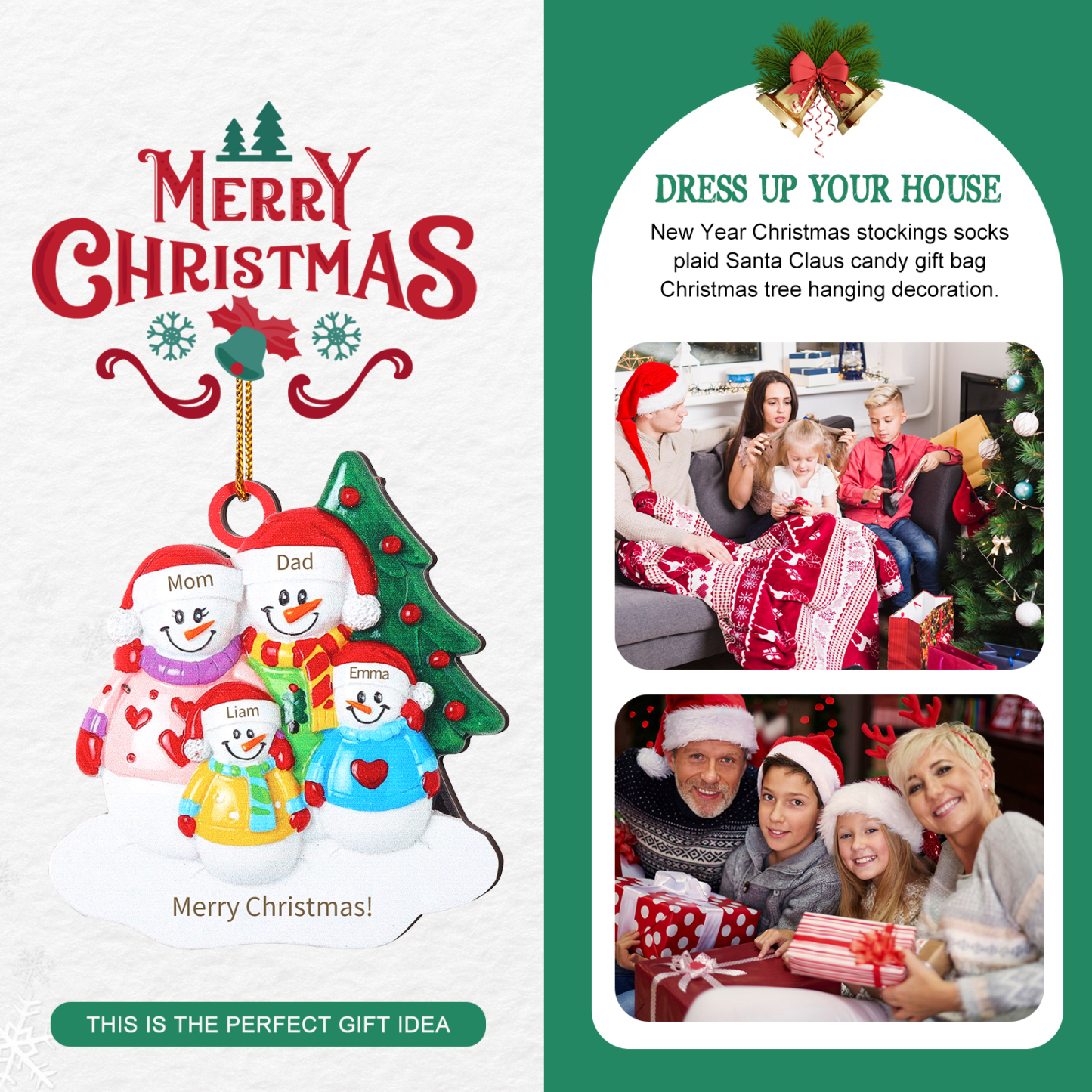Décoration Sapin Noël Bonhomme de neige 4 Prénoms Personnalisés avec Texte Ornement en Bois pour Famille | Jessemade
