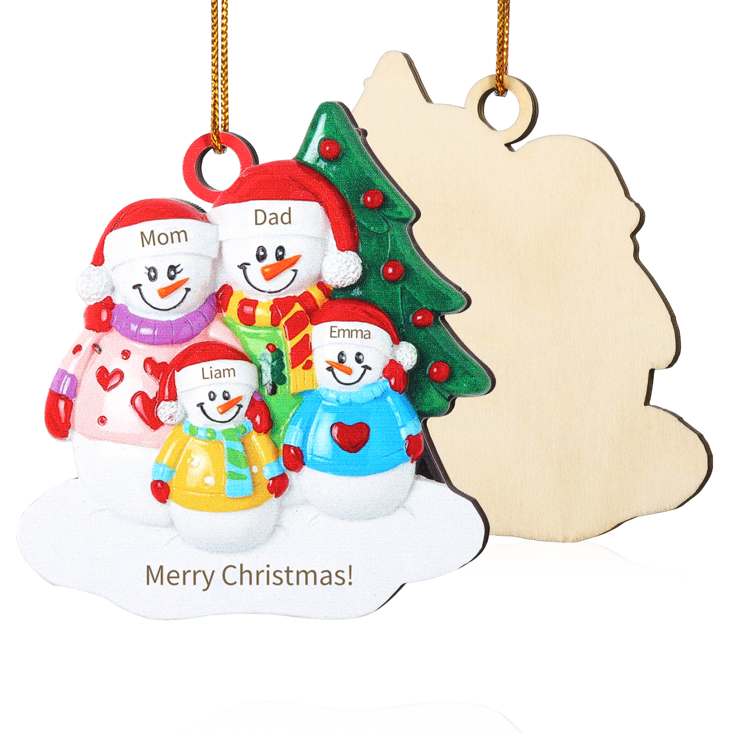 Décoration Sapin Noël Bonhomme de neige 4 Prénoms Personnalisés avec Texte Ornement en Bois pour Famille | Jessemade