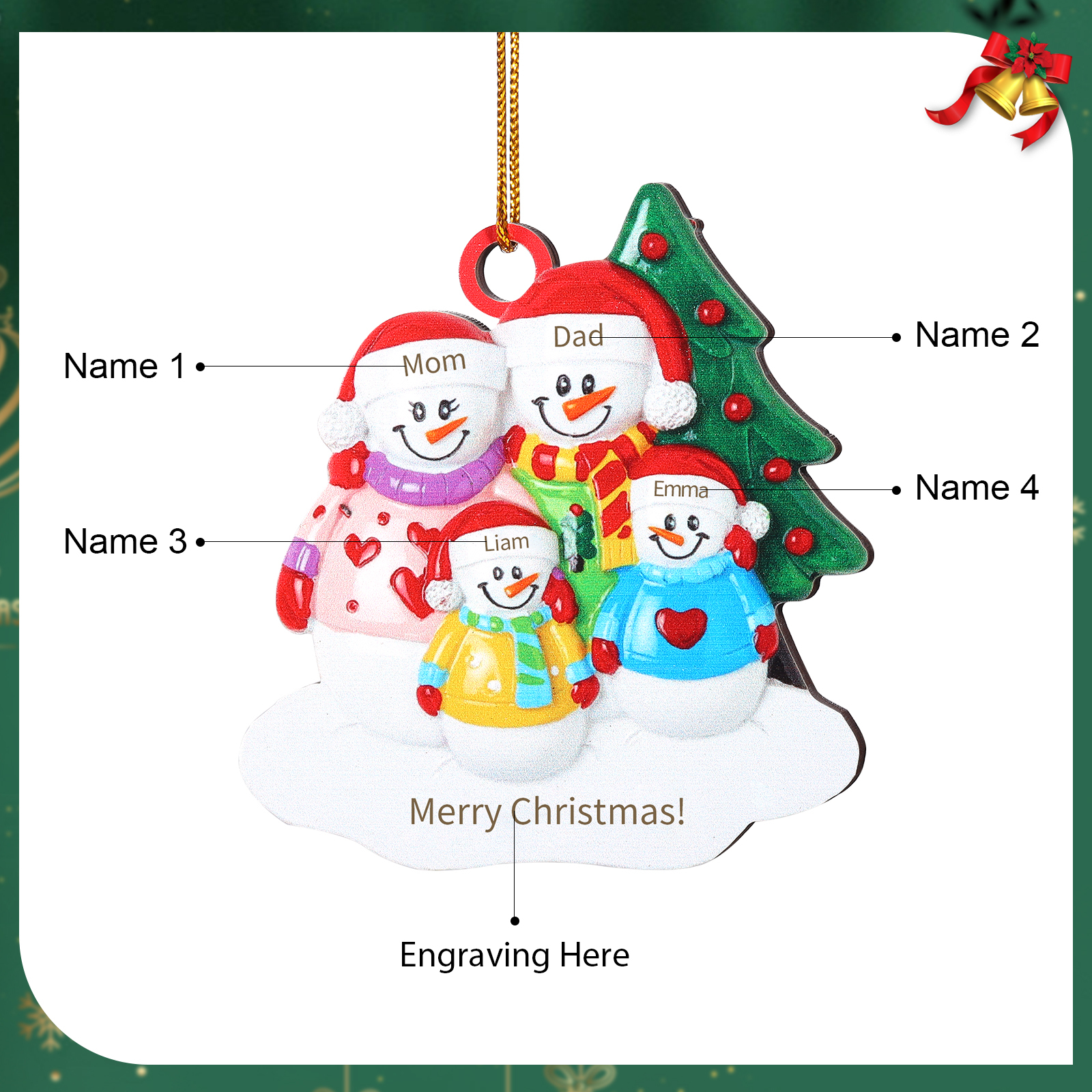 Décoration Sapin Noël Bonhomme de neige 4 Prénoms Personnalisés avec Texte Ornement en Bois pour Famille | Jessemade