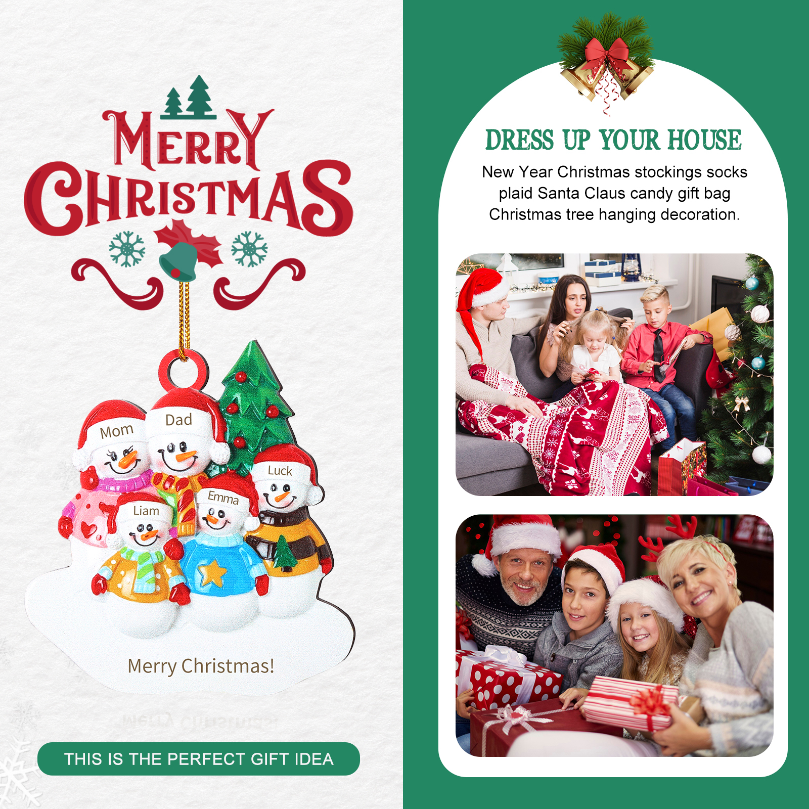 Décoration Sapin Noël Bonhomme de neige 5 Prénoms Personnalisés avec Texte Ornement en Bois pour Famille | Jessemade