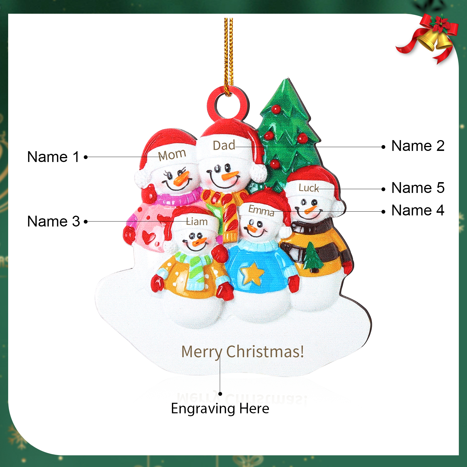 Décoration Sapin Noël Bonhomme de neige 5 Prénoms Personnalisés avec Texte Ornement en Bois pour Famille | Jessemade