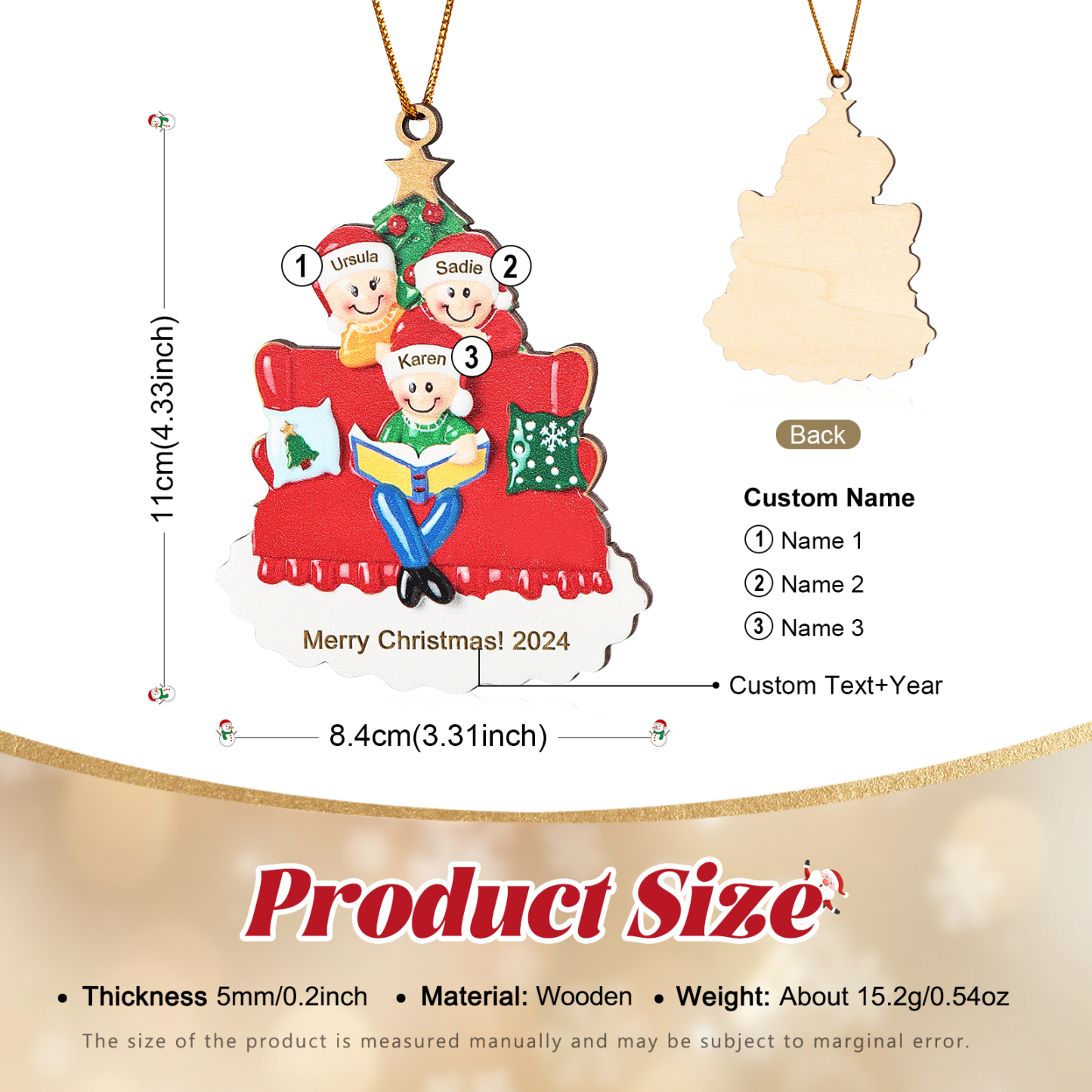 Décoration Sapin Noël en bois sapin et sofa 3 Prénoms Personnalisés avec texte et date Ornement de Noël Cadeau pour famille | Jessemade