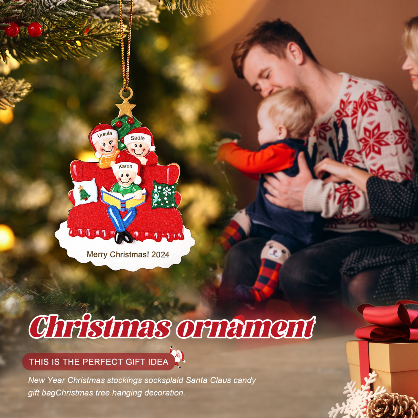 Décoration Sapin Noël en bois sapin et sofa 3 Prénoms Personnalisés avec texte et date Ornement de Noël Cadeau pour famille | Jessemade