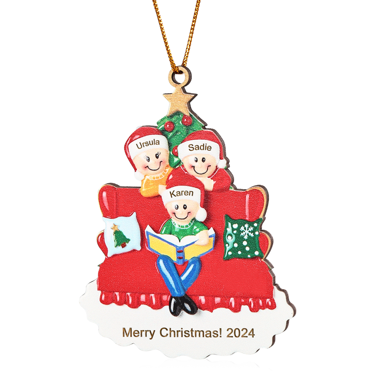 Décoration Sapin Noël en bois sapin et sofa 3 Prénoms Personnalisés avec texte et date Ornement de Noël Cadeau pour famille | Jessemade