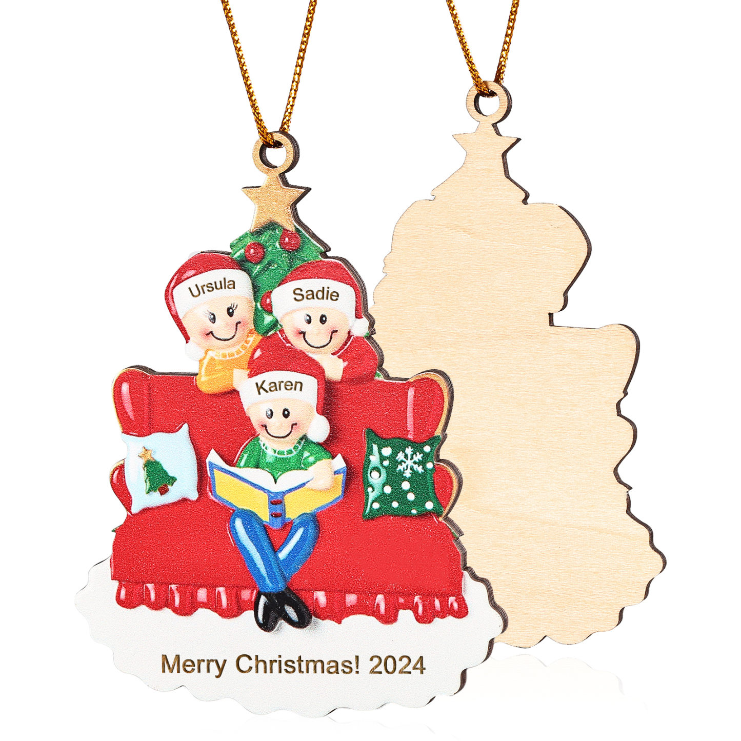 Décoration Sapin Noël en bois sapin et sofa 3 Prénoms Personnalisés avec texte et date Ornement de Noël Cadeau pour famille | Jessemade