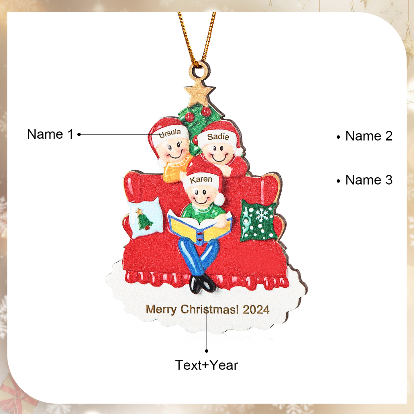 Décoration Sapin Noël en bois sapin et sofa 3 Prénoms Personnalisés avec texte et date Ornement de Noël Cadeau pour famille | Jessemade