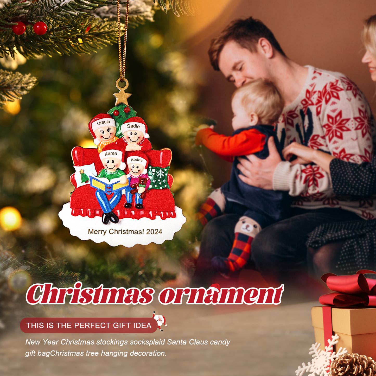 Décoration Sapin Noël en bois sapin et sofa 4 Prénoms Personnalisés avec texte et date Ornement de Noël Cadeau pour famille | Jessemade