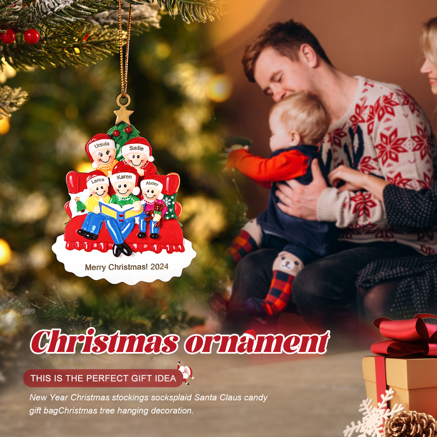 Décoration Sapin Noël en bois sapin et sofa 5 Prénoms Personnalisés avec texte et date Ornement de Noël Cadeau pour famille | Jessemade