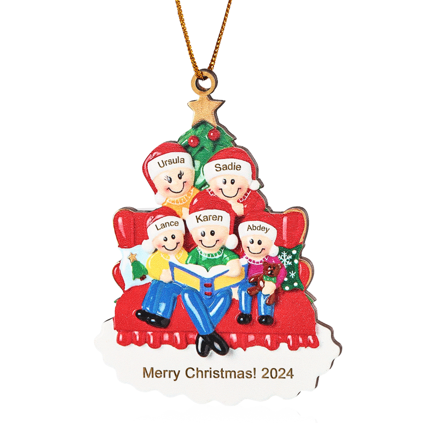 Décoration Sapin Noël en bois sapin et sofa 5 Prénoms Personnalisés avec texte et date Ornement de Noël Cadeau pour famille | Jessemade