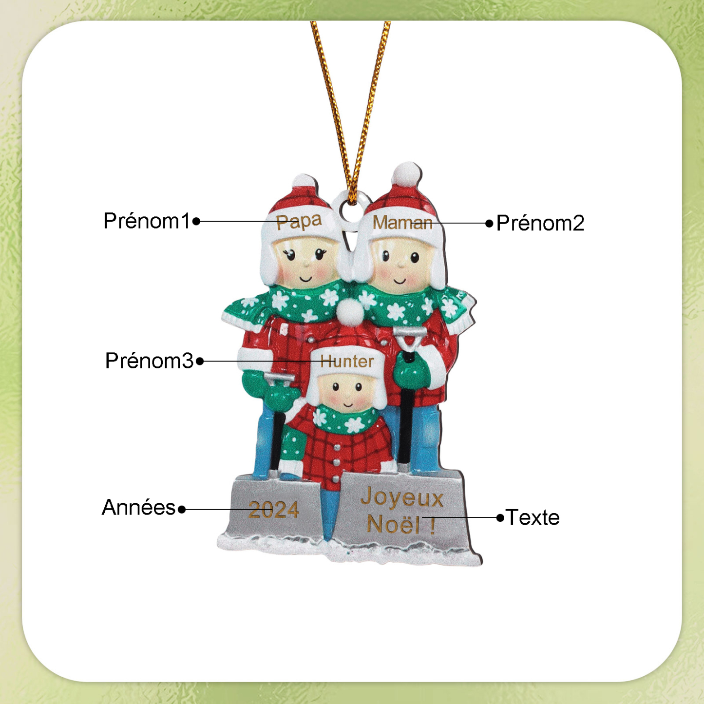Décoration Sapin Noël en bois 3 Prénoms Personnalisés avec texte et date Ornement de Noël Cadeau pour famille | Jessemade