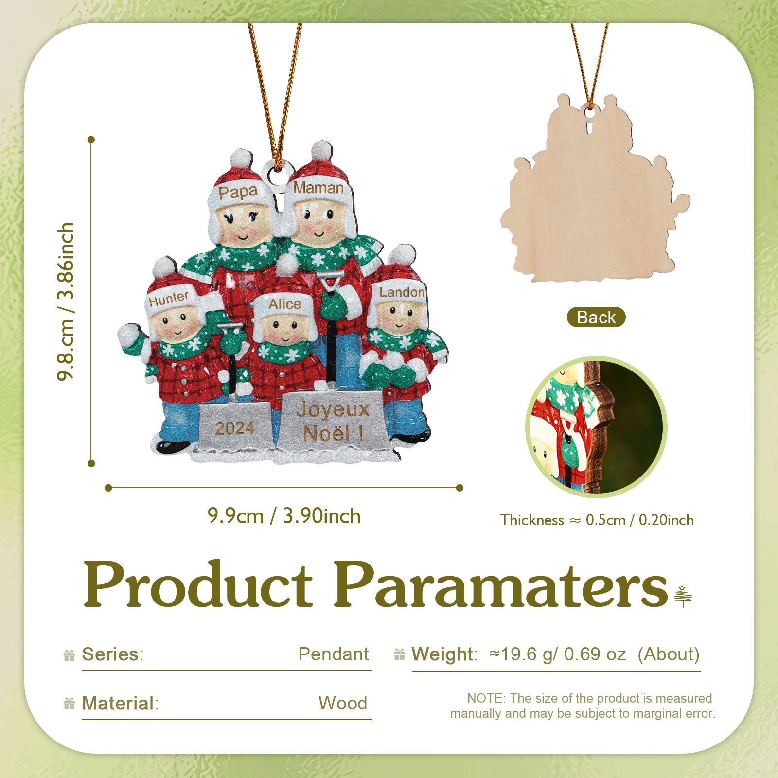 Décoration Sapin Noël en bois 5 Prénoms Personnalisés avec texte et date Ornement de Noël Cadeau pour famille | Jessemade