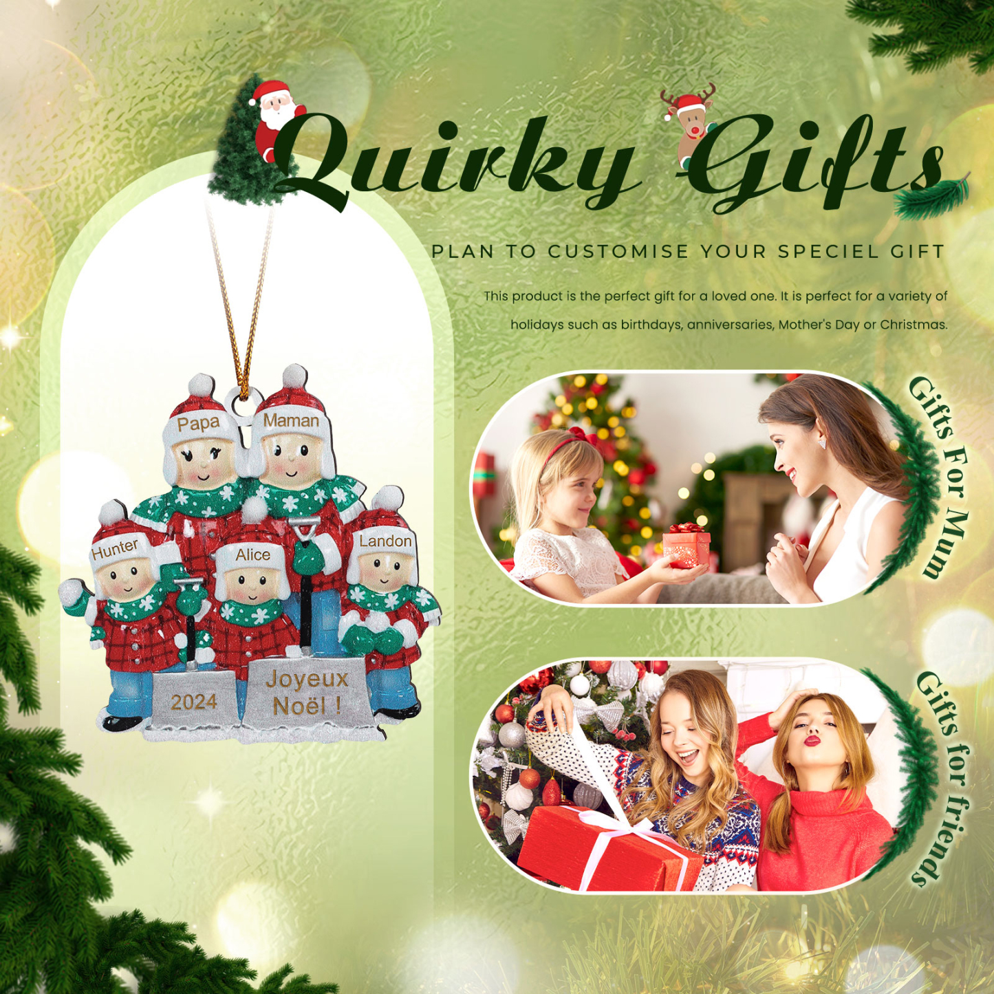 Décoration Sapin Noël en bois 5 Prénoms Personnalisés avec texte et date Ornement de Noël Cadeau pour famille | Jessemade