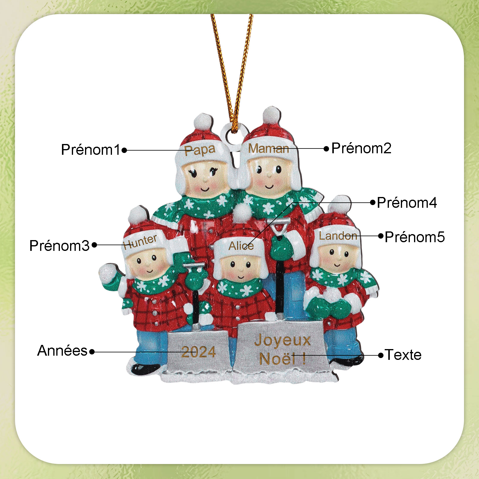 Décoration Sapin Noël en bois 5 Prénoms Personnalisés avec texte et date Ornement de Noël Cadeau pour famille | Jessemade
