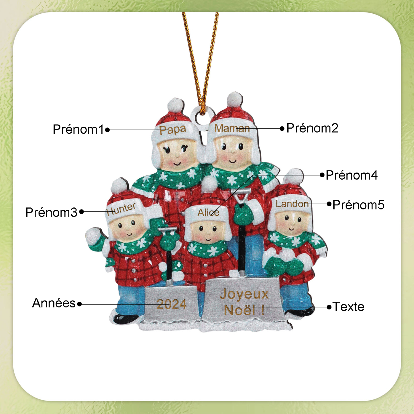 Décoration Sapin Noël en bois 5 Prénoms Personnalisés avec texte et date Ornement de Noël Cadeau pour famille | Jessemade