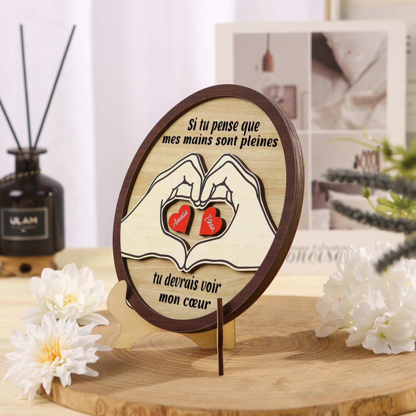 Décoration en bois 2 Prénoms personnalisés avec 2 textes Cadeau pour famille | Jessemade